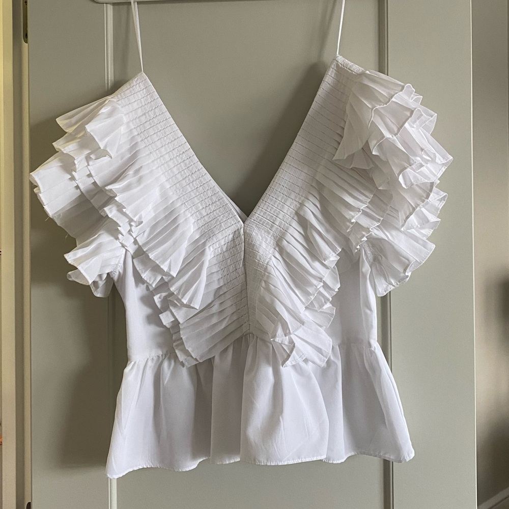 White Ruffle V Neck Zara Top Size S